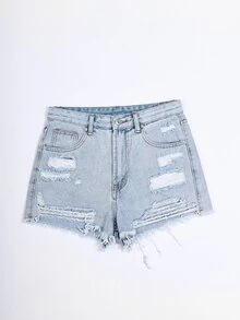 SHEIN EZwear Raw Hem Distressed Denim Shorts - Light Wash - View 8
