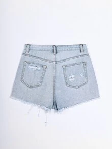 SHEIN EZwear Raw Hem Distressed Denim Shorts - Light Wash - View 7