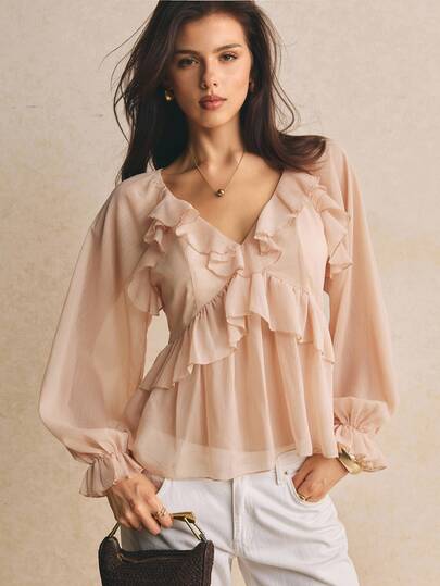 Poéselle Women's Blush Pink Ruffle Chiffon Blouse – Romantic V-Neck Sheer Long Sleeve Peplum Top Going Out Tops Peplum Top Pink Shirt Fall Clothes Cute Tops