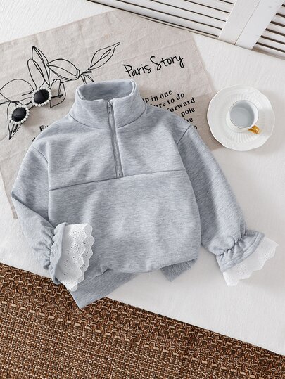 SHEIN Girls' Casual Half-Zip Stand Collar Drop Shoulder Sweatshirt With Elastic Cuffs, Embroidered Lace Trim, Korean Style Energetic Casual Sporty Daily Wear Back To School, Thick Autumn/Winter
