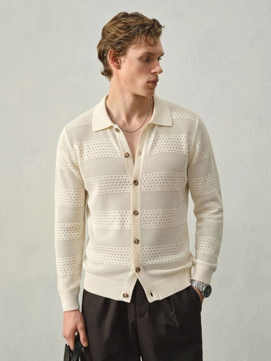 RONVEXI Men's Solid Color Hollow Out Long Sleeve Single-Breasted Knit Cardigan Holiday Festival Autumn Streetwear Winter - Multicolor - View 1