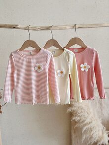 SHEIN LMoss Kids 女童 3 件組針織純色條紋 3D 花朵圓領休閒 T 恤套裝 - 粉色 - 查看 3