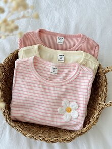 SHEIN LMoss Kids 女童 3 件組針織純色條紋 3D 花朵圓領休閒 T 恤套裝 - 粉色 - 查看 7
