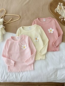 SHEIN LMoss Kids 女童 3 件組針織純色條紋 3D 花朵圓領休閒 T 恤套裝 - 粉色 - 查看 6