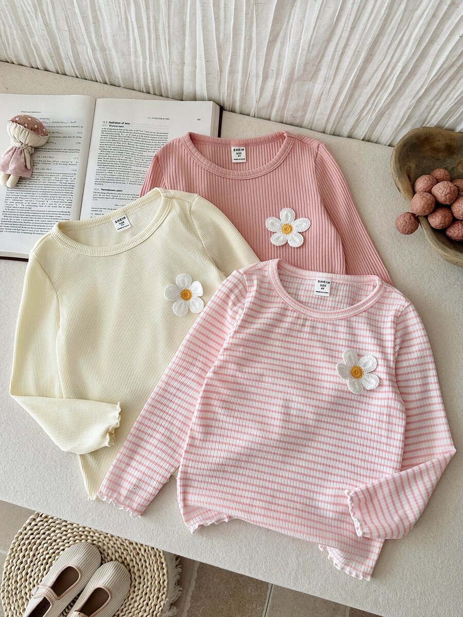 SHEIN LMoss Kids 女童 3 件組針織純色條紋 3D 花朵圓領休閒 T 恤套裝 - 粉色 - 查看 1