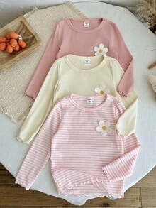 SHEIN LMoss Kids 女童 3 件組針織純色條紋 3D 花朵圓領休閒 T 恤套裝 - 粉色 - 查看 8