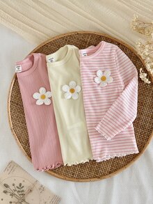 SHEIN LMoss Kids 女童 3 件組針織純色條紋 3D 花朵圓領休閒 T 恤套裝 - 粉色 - 查看 4