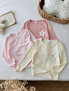 SHEIN LMoss Kids 女童 3 件組針織純色條紋 3D 花朵圓領休閒 T 恤套裝 - 粉色 - 查看 5