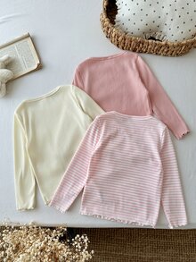 SHEIN LMoss Kids 女童 3 件組針織純色條紋 3D 花朵圓領休閒 T 恤套裝 - 粉色 - 查看 2