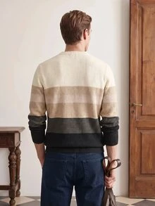 Manfinity CityGents 秋冬新款男士拼色條紋百搭套頭長袖毛衣 假日節慶街頭風 - 彩色 - 查看 2
