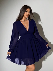 Viva Relle Plus Size Sexy Elegant Pleated Ruffle Dress Fall - Royal Blue - View 3