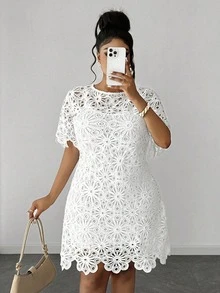 Maweii Plus Size Solid Color Hollow Round Neck Short Sleeve Dress - White - View 6