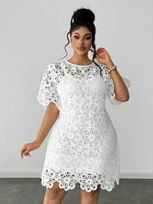 Maweii Plus Size Solid Color Hollow Round Neck Short Sleeve Dress - White - View 4