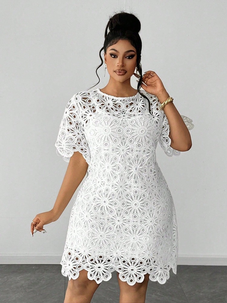 Maweii Plus Size Solid Color Hollow Round Neck Short Sleeve Dress - White - View 4