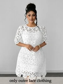 Maweii Plus Size Solid Color Hollow Round Neck Short Sleeve Dress - White - View 1