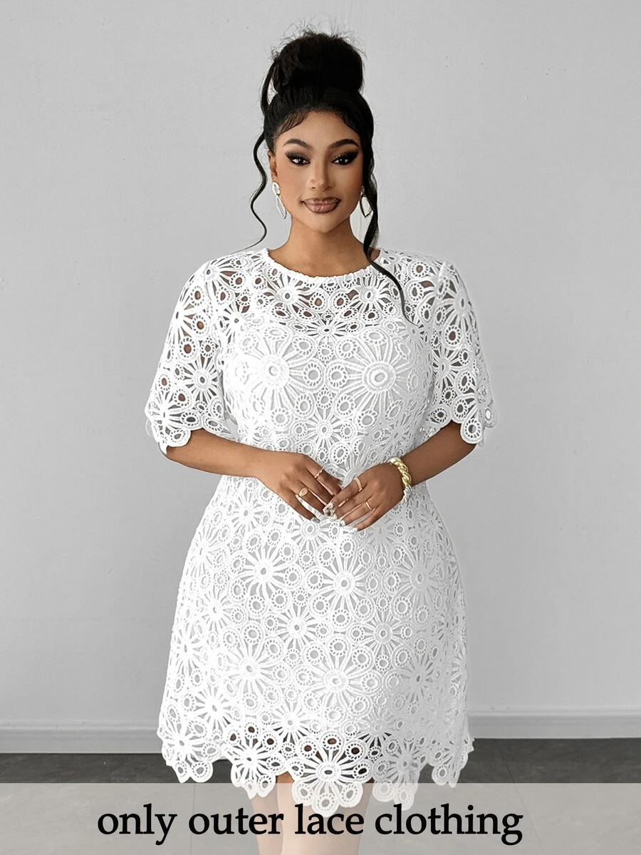 Maweii Plus Size Solid Color Hollow Round Neck Short Sleeve Dress - White - View 1