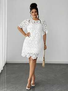 Maweii Plus Size Solid Color Hollow Round Neck Short Sleeve Dress - White - View 5