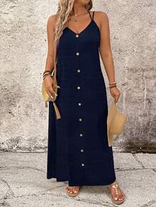 Breezaya Plus Size Casual Solid Color Spaghetti Strap Dress - Navy Blue - View 3