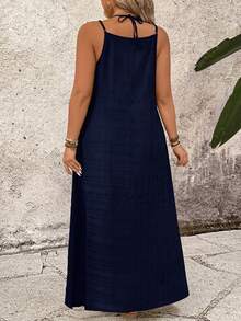 Breezaya Plus Size Casual Solid Color Spaghetti Strap Dress - Navy Blue - View 2