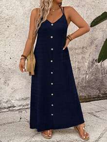 Breezaya Plus Size Casual Solid Color Spaghetti Strap Dress - Navy Blue - View 5