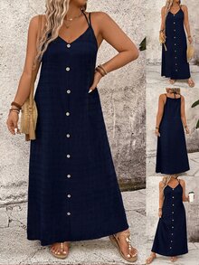 Breezaya Plus Size Casual Solid Color Spaghetti Strap Dress - Navy Blue - View 1