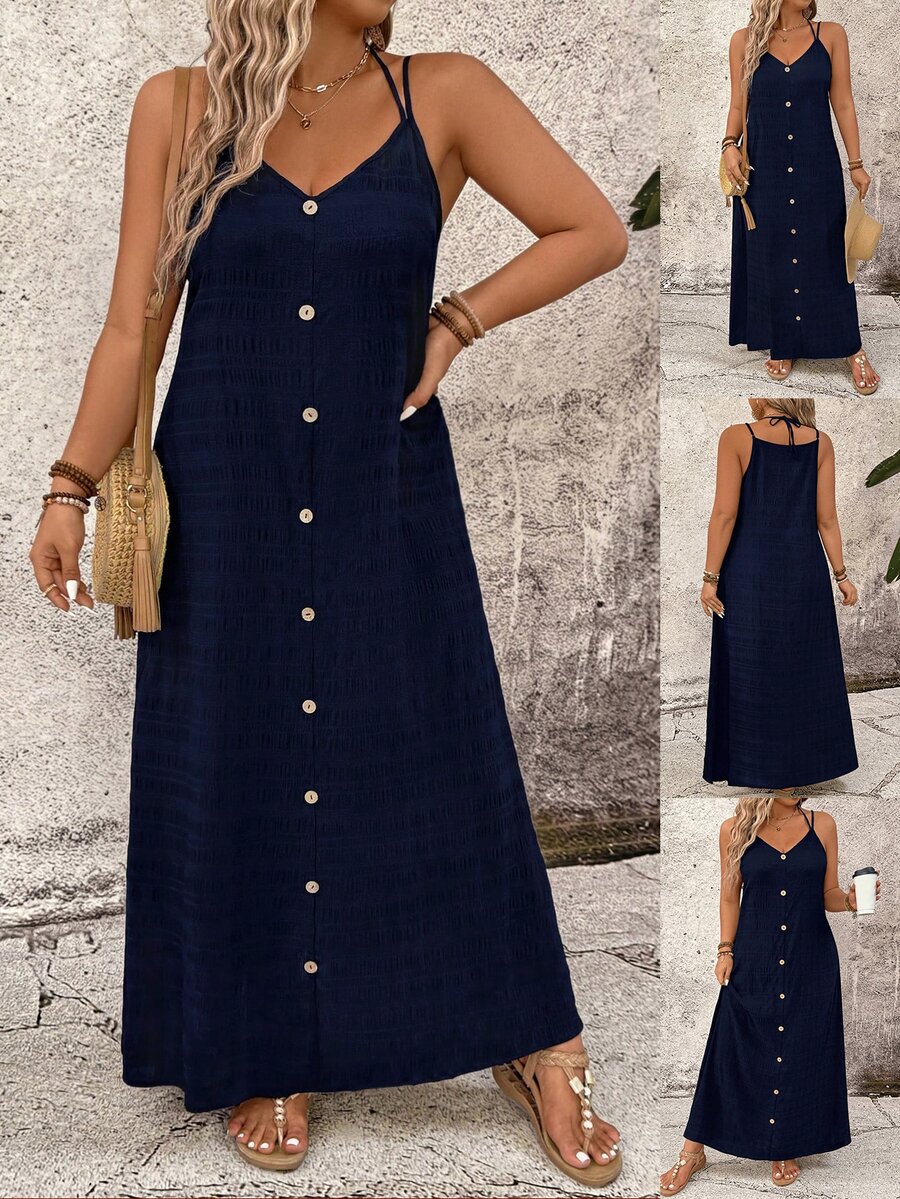 Breezaya Plus Size Casual Solid Color Spaghetti Strap Dress - Navy Blue - View 1