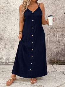 Breezaya Plus Size Casual Solid Color Spaghetti Strap Dress - Navy Blue - View 4