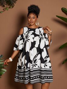 Maweii 夏季露肩圆领卡通碎花休闲度假连衣裙 - 黑與白 - 查看 6