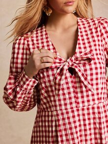 Écloséra Curve Plus Size French Plaid Bow Decor Front Back Zipper Fitted A-Line Lantern Sleeve V-Neck Dress - Red - View 7
