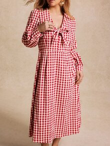 Écloséra Curve Plus Size French Plaid Bow Decor Front Back Zipper Fitted A-Line Lantern Sleeve V-Neck Dress - Red - View 8