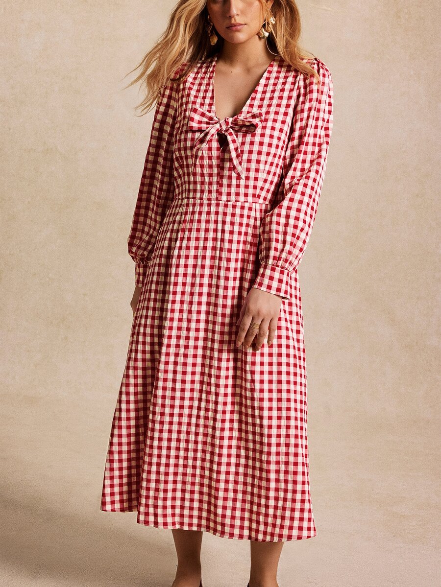 Écloséra Curve Plus Size French Plaid Bow Decor Front Back Zipper Fitted A-Line Lantern Sleeve V-Neck Dress