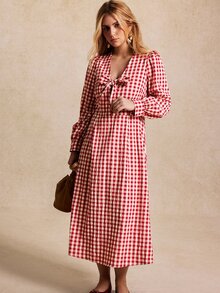Écloséra Curve Plus Size French Plaid Bow Decor Front Back Zipper Fitted A-Line Lantern Sleeve V-Neck Dress - Red - View 6