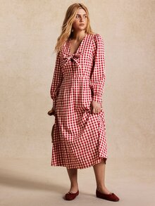 Écloséra Curve Plus Size French Plaid Bow Decor Front Back Zipper Fitted A-Line Lantern Sleeve V-Neck Dress - Red - View 4