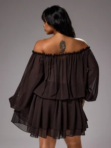 Rustia Boho Sexy Off-Shoulder Sheer Vacation Chiffon Loose Waist-Defining A-Line Knee-Length Autumn Brown Plus Size Women's Dress Night - Brown - View 2