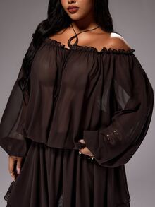 Rustia Boho Sexy Off-Shoulder Sheer Vacation Chiffon Loose Waist-Defining A-Line Knee-Length Autumn Brown Plus Size Women's Dress Night - Brown - View 5