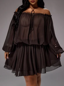 Rustia Boho Sexy Off-Shoulder Sheer Vacation Chiffon Loose Waist-Defining A-Line Knee-Length Autumn Brown Plus Size Women's Dress Night - Brown - View 4