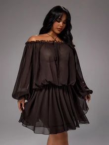 Rustia Boho Sexy Off-Shoulder Sheer Vacation Chiffon Loose Waist-Defining A-Line Knee-Length Autumn Brown Plus Size Women's Dress Night - Brown - View 6
