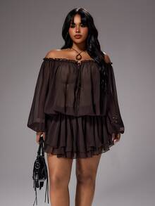 Rustia Boho Sexy Off-Shoulder Sheer Vacation Chiffon Loose Waist-Defining A-Line Knee-Length Autumn Brown Plus Size Women's Dress Night - Brown - View 1