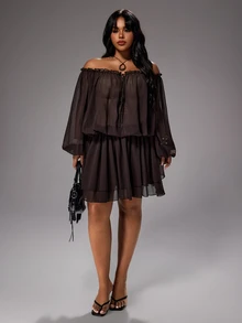 Rustia Boho Sexy Off-Shoulder Sheer Vacation Chiffon Loose Waist-Defining A-Line Knee-Length Autumn Brown Plus Size Women's Dress Night - Brown - View 3