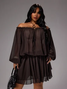 Rustia Boho Sexy Off-Shoulder Sheer Vacation Chiffon Loose Waist-Defining A-Line Knee-Length Autumn Brown Plus Size Women's Dress Night - Brown - View 8
