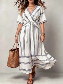 SHEIN Tall CURVE Plus Size Women Tall Spring/Summer Vacation Striped Print Patchwork A-Line Split Hem Dress - Black and White - View 8