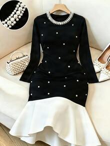 GlowEve CURVE Plus Size Round Neck Fully Studded Pearl Contrast Color Mermaid Hem Fitted Long Sleeve Dress Fall - Black - View 1