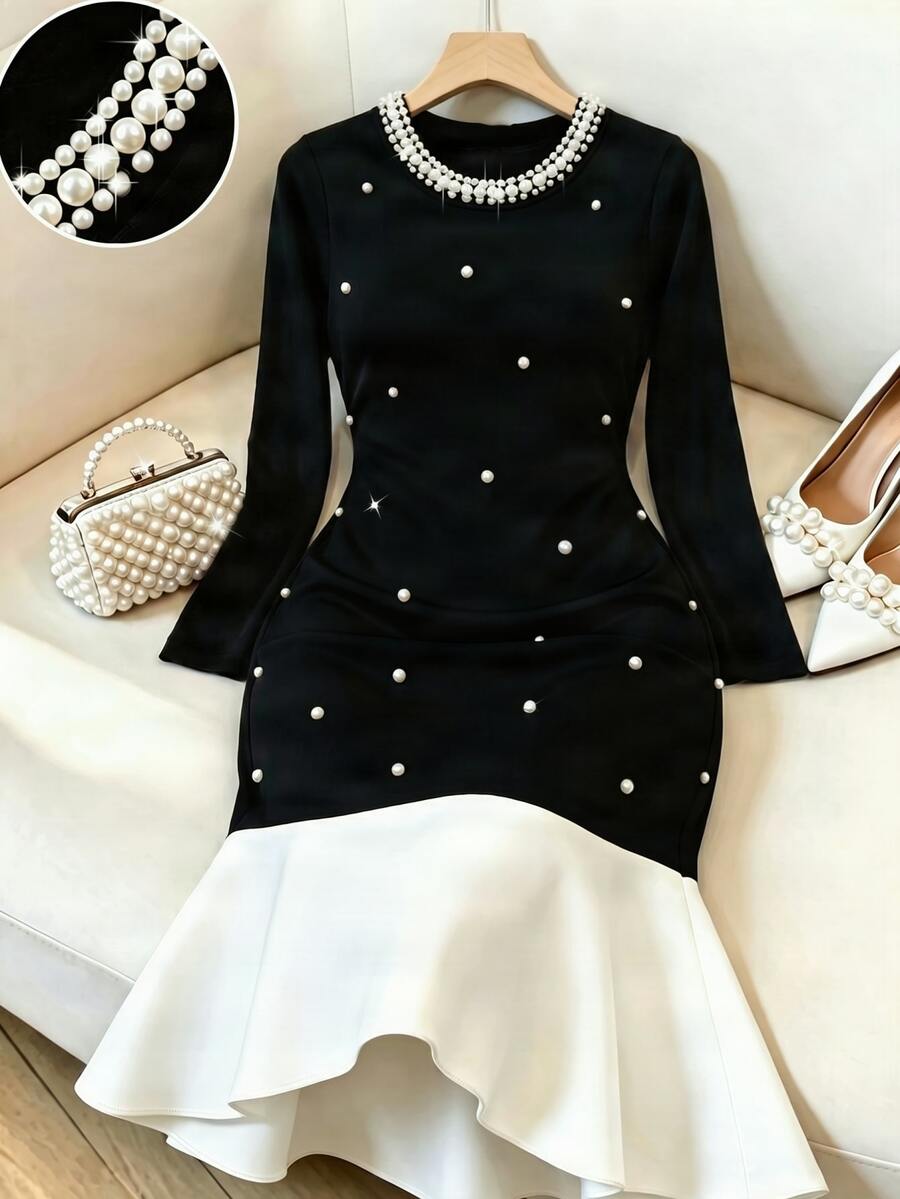 GlowEve CURVE Plus Size Round Neck Fully Studded Pearl Contrast Color Mermaid Hem Fitted Long Sleeve Dress Fall - Black - View 1