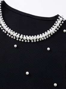 GlowEve CURVE Plus Size Round Neck Fully Studded Pearl Contrast Color Mermaid Hem Fitted Long Sleeve Dress Fall - Black - View 4