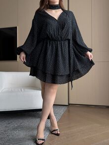 Vibekara Plus Size Women Black Small Polka Dot Cross Front Waist Cinched Dress, Comfortable For Spring, Summer, Autumn Fall - Black and White - View 3