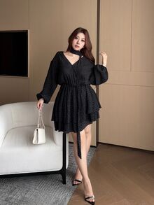 Vibekara Plus Size Women Black Small Polka Dot Cross Front Waist Cinched Dress, Comfortable For Spring, Summer, Autumn Fall - Black and White - View 4