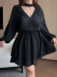 Vibekara Plus Size Women Black Small Polka Dot Cross Front Waist Cinched Dress, Comfortable For Spring, Summer, Autumn Fall - Black and White - View 7
