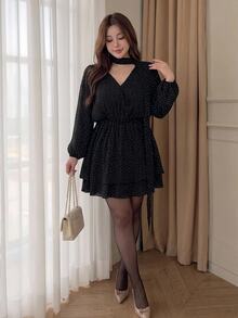 Vibekara Plus Size Women Black Small Polka Dot Cross Front Waist Cinched Dress, Comfortable For Spring, Summer, Autumn Fall - Black and White - View 1
