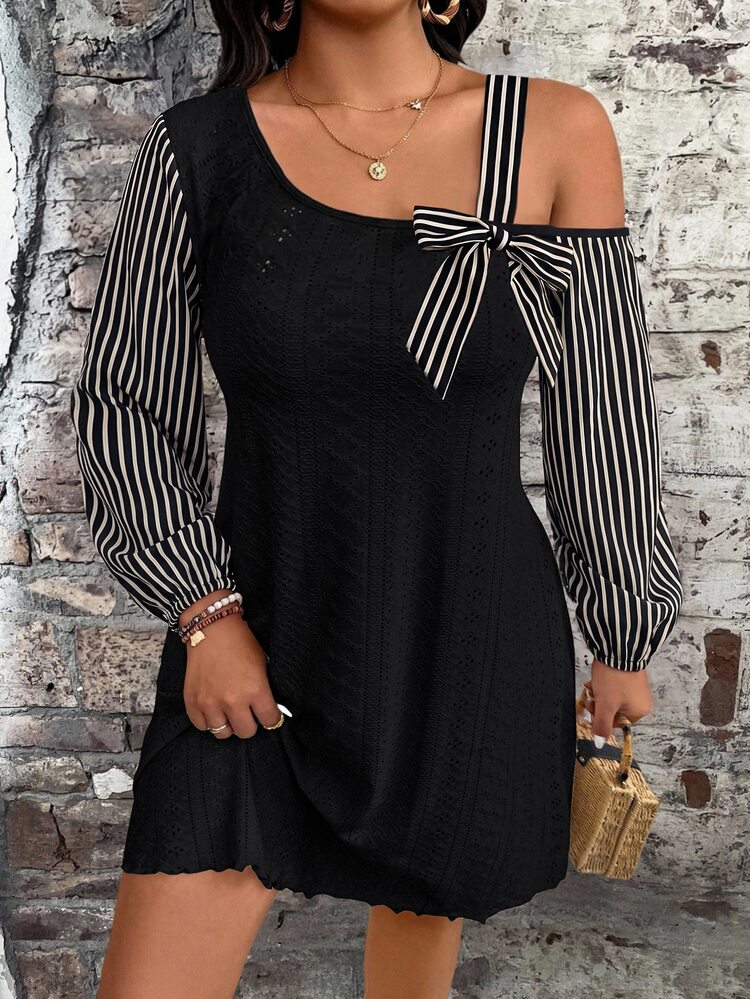 SHEIN Clasi Plus Contrast Striped Print Asymmetrical Neck Dress Fall - Multicolor - View 6