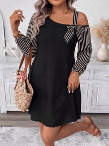 SHEIN Clasi Plus Contrast Striped Print Asymmetrical Neck Dress Fall - Multicolor - View 9